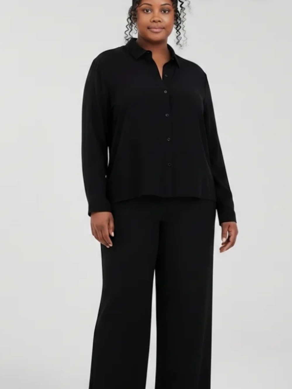 Eileen Fisher Women's Black Classic Collar Silk Shirt Blouse XL